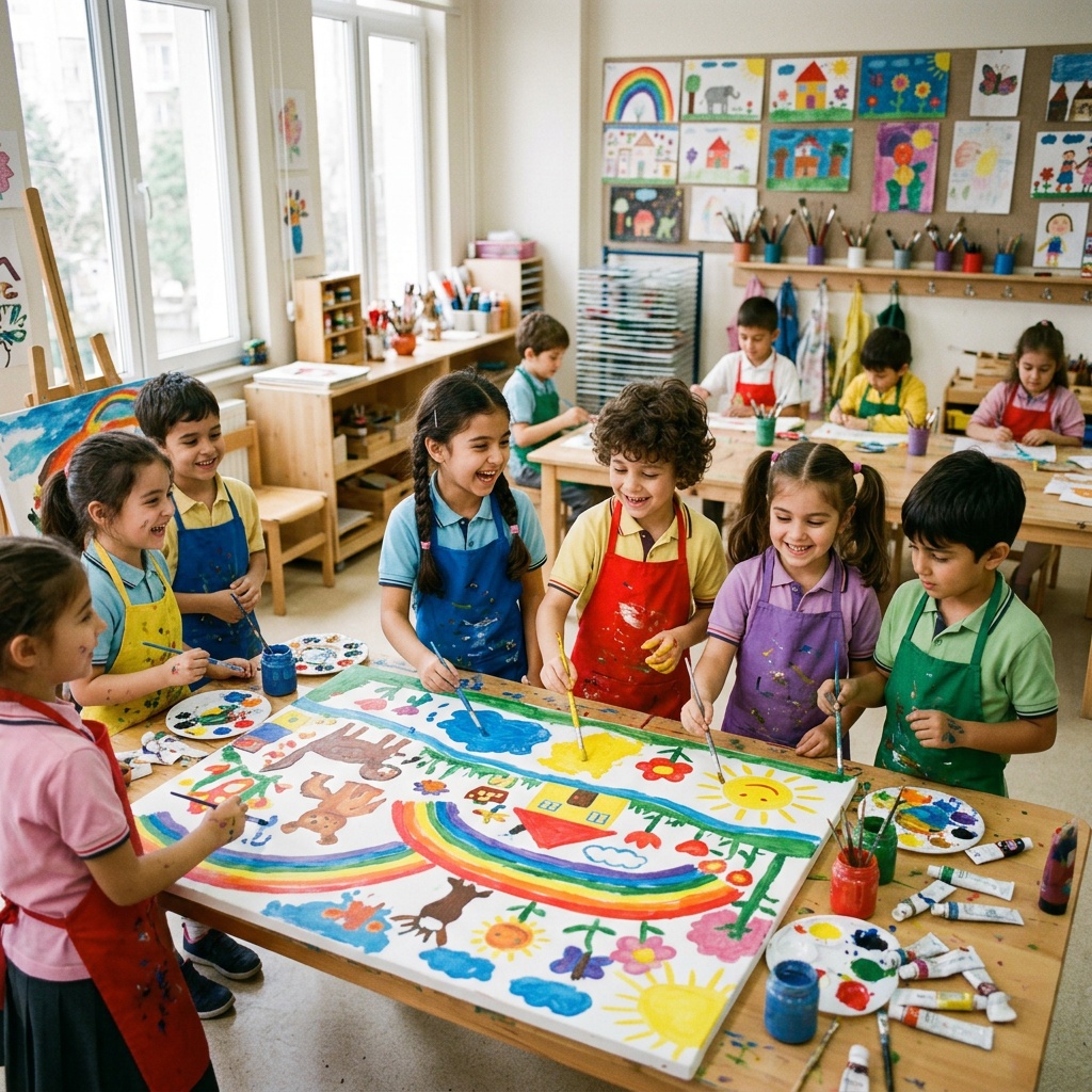 Sanat atölyesinde resim yapan öğrenciler