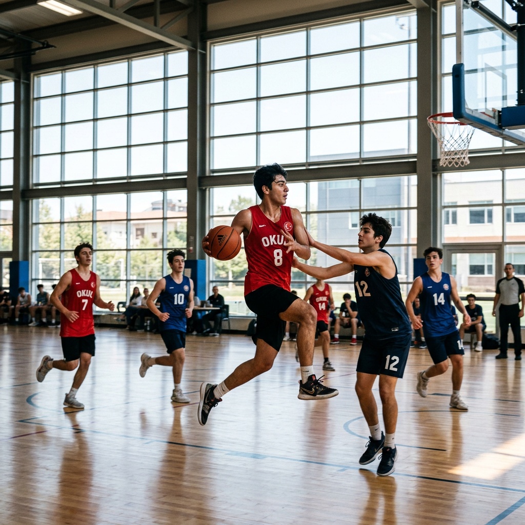Spor salonunda basketbol oynayan öğrenciler